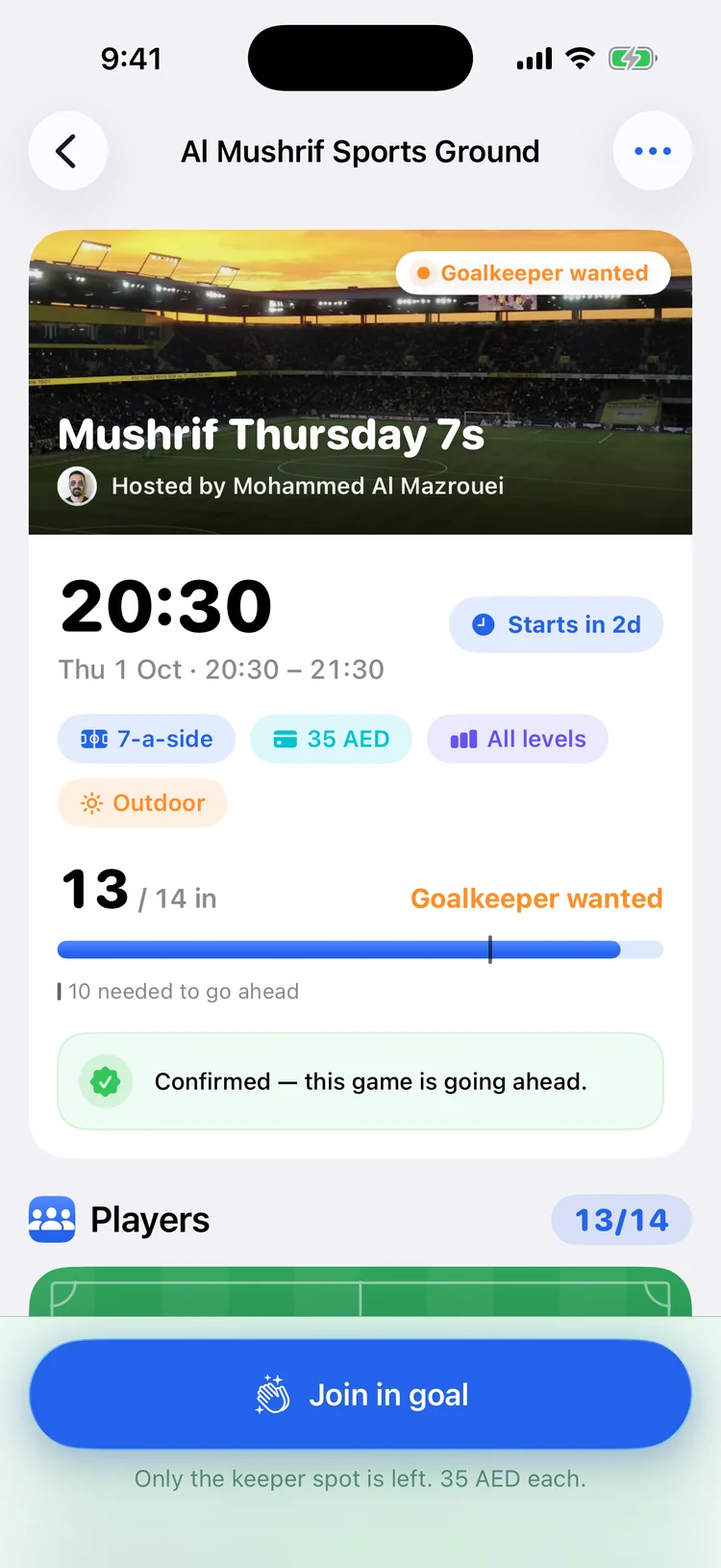 A game in Golazo: kick-off, players in, price and the join button
