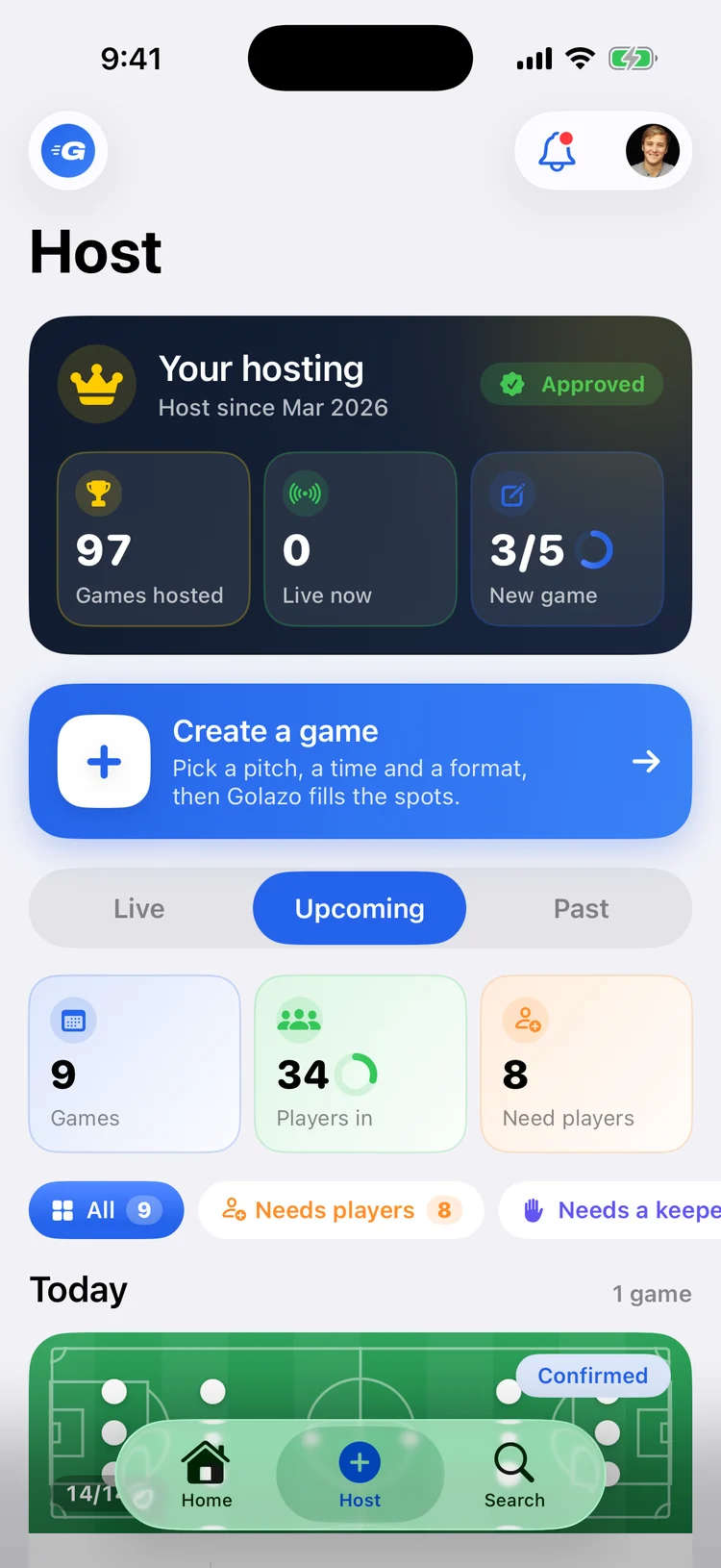 Golazo's Host tab, listing the games you're running